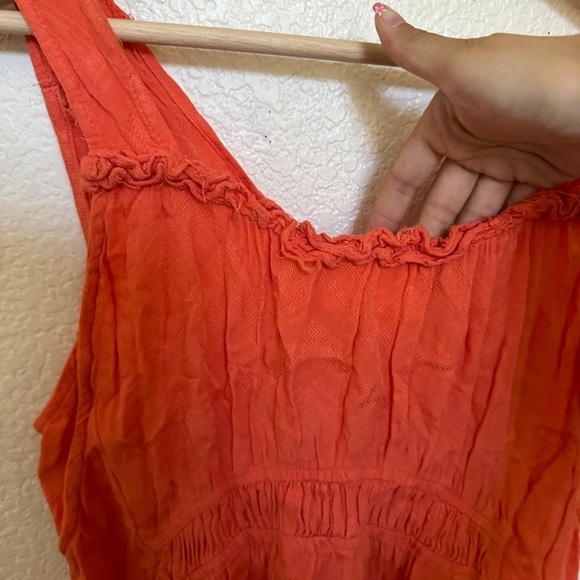 Maeve Anthro Red Orange Bretta Gathered Vneck Ruffle Babydoll Tank Top petite - Picture 5 of 9